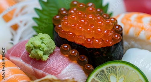 Exquisite Japanese cuisine featuring vibrant salmon roe, fresh tuna, and succulent shrimp sushi, garnished with wasabi and a lime wedge, showcasing culinary artistry.