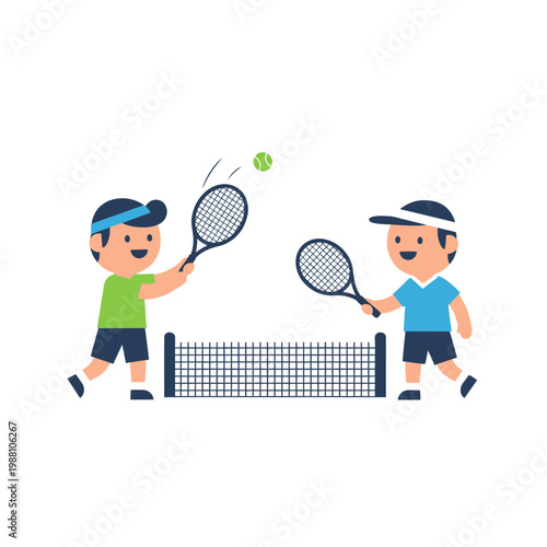 Two kids playing tennis, cartoon style, isolated on white background
