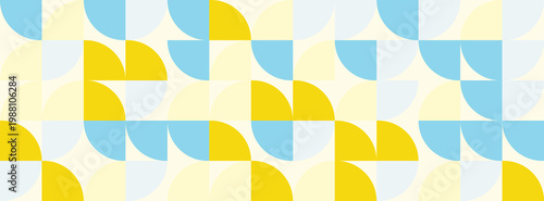 A seamless repeating pattern featuring abstract geometric shapes composed of quarter circles in bright yellow and soft blue against a neutral cream backdrop