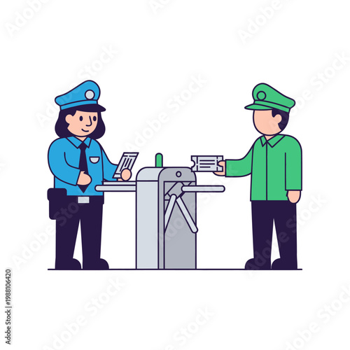 Security guard checking ticket at turnstile entrance, access control concept