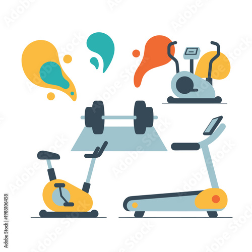 Fitness Equipment Icons: Treadmill, Exercise Bike, Dumbbells, Abstract Shapes