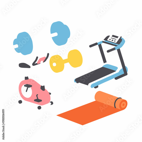 Fitness Equipment Collection: Treadmill, Dumbbells, Exercise Bike, Yoga Mat