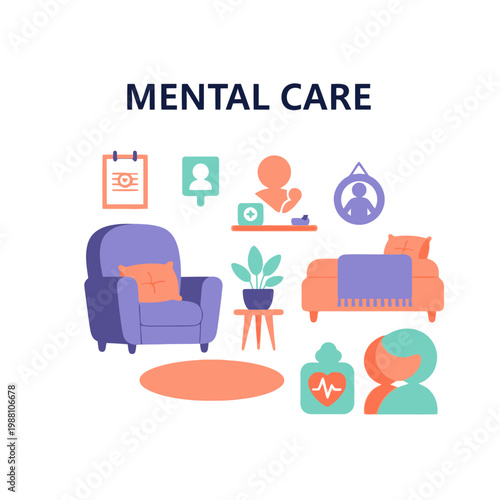 Mental Care Illustration: Therapy Room, Support, Well-being, Psychology Concepts