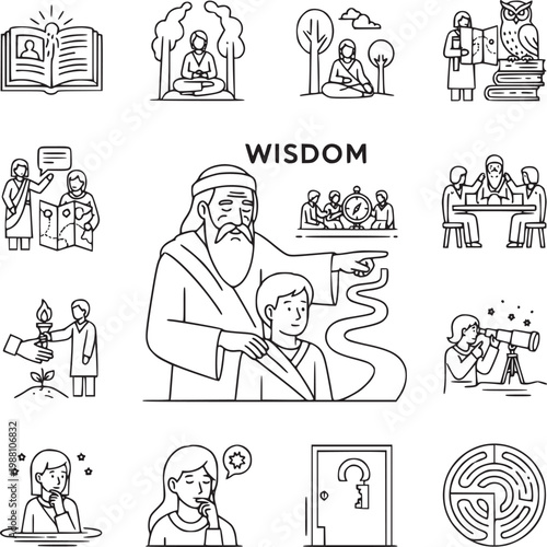 vector illustration of wisdom concepts with diverse symbols and educational icons flat design