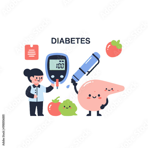 Diabetes awareness: Glucose meter, insulin pen, pancreas, healthy food icons