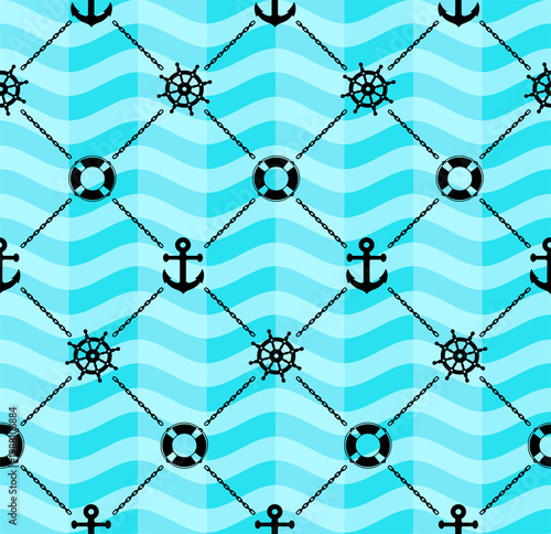 Seamless background with blue wave and ship symbols.