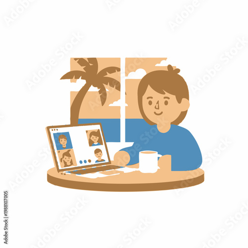 Woman on video call with colleagues from beachside remote workspace