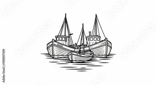 Three sailing vessels, two large and one small, are depicted in a line sketch