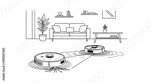 Two robotic vacuum cleaners cleaning a modern living room interior