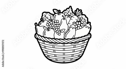 A basket brimming with apples, grapes, pears, and eggplants