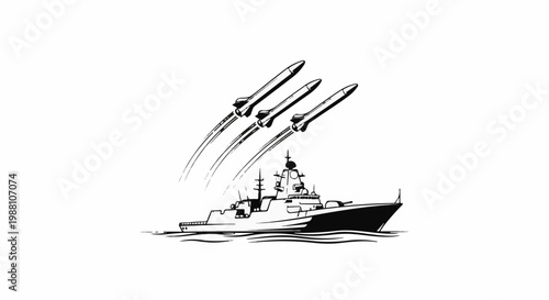 Warship launches missiles across the ocean waves