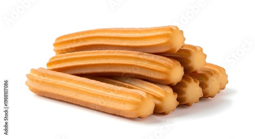 Pile of golden-brown, ridged churros isolated on a clean white background, showcasing their crispy texture and inviting shape, perfect for a sweet treat or dessert.