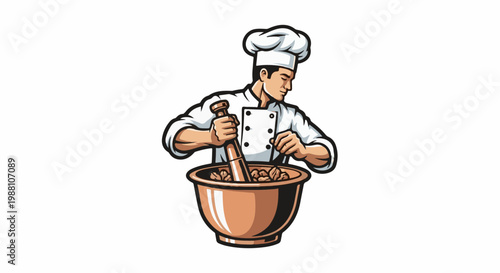 A cartoon chef crushes ingredients in a mortar and pestle