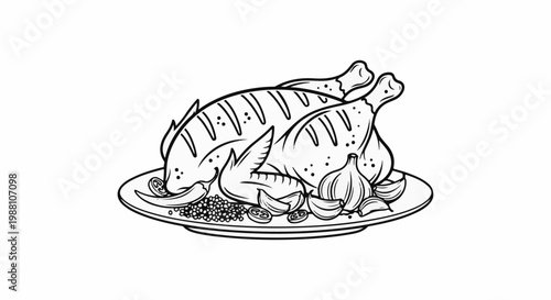 A line drawing of a roasted chicken with garlic and peppercorns on a plate