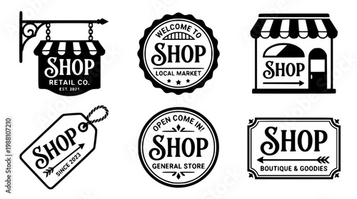 Set of six shop vector logos and labels design
