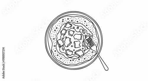 A minimalist line drawing shows a fork piercing chunks of food on a dotted plate