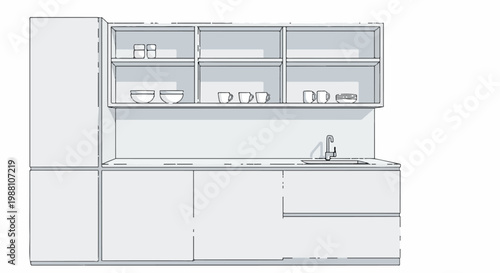 A minimalist kitchen scene with cabinets, a sink, and various dishes on shelves