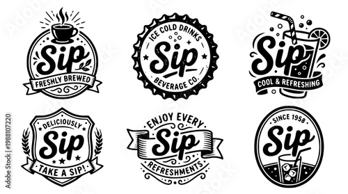 Set of six sip logos for beverage company branding designs