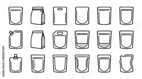 Various empty food and drink packaging designs illustrated