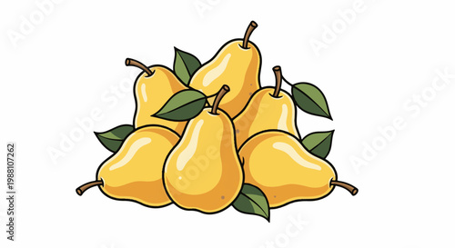 Bunch of ripe yellow pears with green leaves