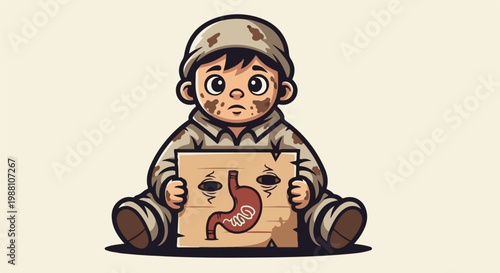 A sad, dirt-covered child in military-style clothing holds a sign depicting a stomach