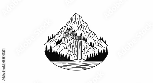 A stylized black and white depiction of a fantasy castle on a mountain peak with a waterfall
