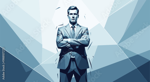 A professional in a suit stands with arms crossed against a geometric background