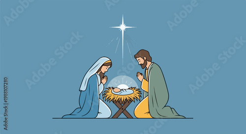A stylized depiction of a nativity scene with Mary, Joseph, and baby Jesus