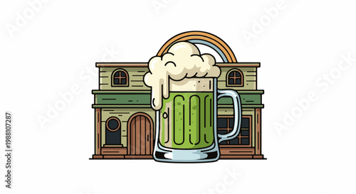 A tall, frothy mug of green ale sits before a quaint building with a rainbow