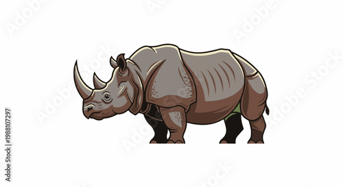 Cartoon rhinoceros with one horn and gray skin, standing still