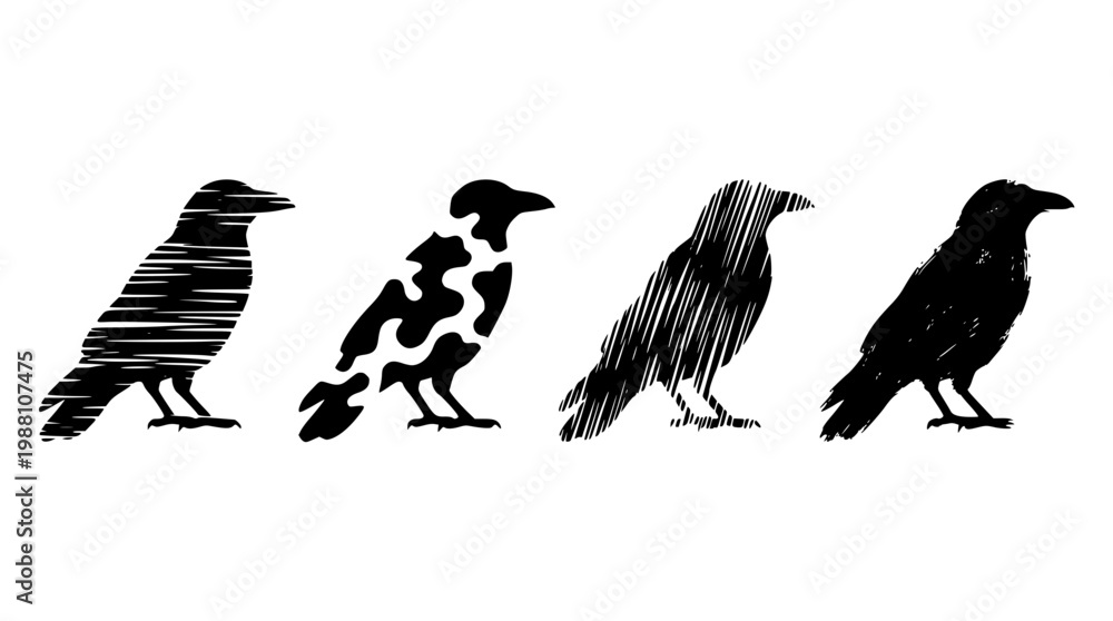 Fototapeta premium Four black birds in different vector illustration styles walking