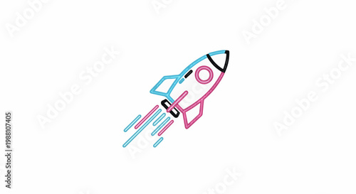 Stylized rocket ship with blue and pink lines, emitting a trail