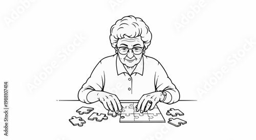 An elderly woman with glasses is diligently working on a jigsaw puzzle