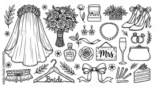 Wedding planning vector graphics with bridal dress and accessories