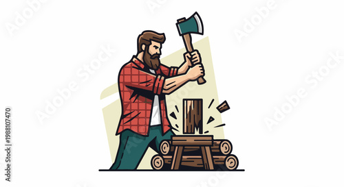 Bearded man in plaid shirt chops wood with an axe on a stand