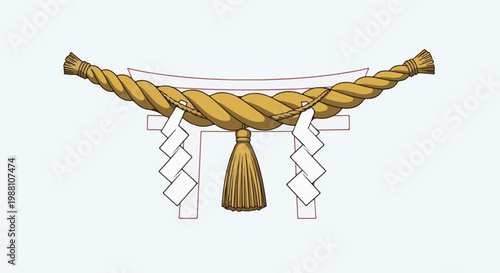 Stylized Japanese Shinto shrine gate with braided rope and tassel