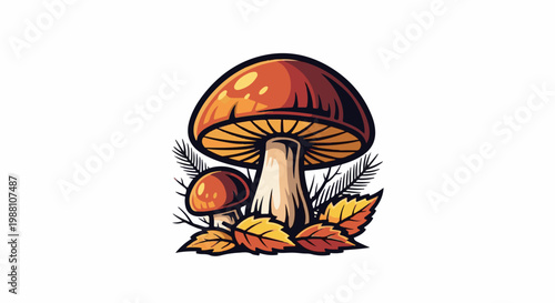 Stylized illustration of two mushrooms and autumn leaves on a white background