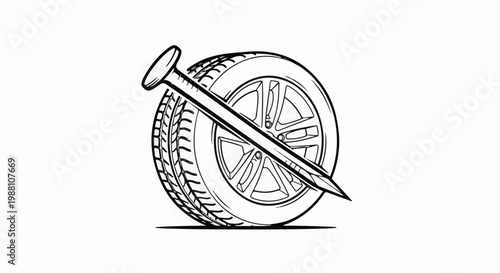 A drawing of a tire with a nail piercing through it