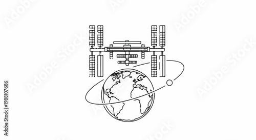 Stylized outline of a space station orbiting Earth, with a small satellite