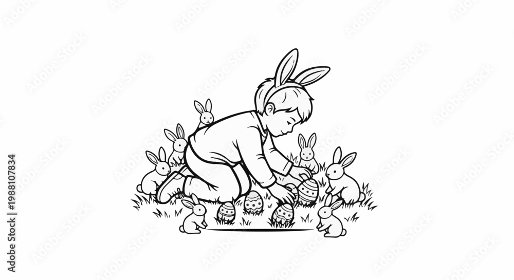 Fototapeta premium Young child with bunny ears kneels among bunnies and decorated eggs