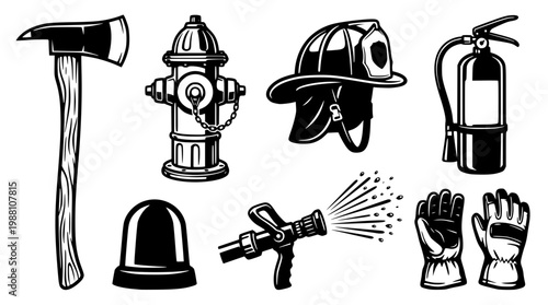 Firefighter tools and equipment vector graphic illustration set