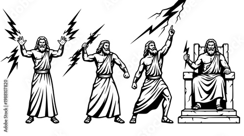Zeus god of thunder with lightning bolts vector graphic set