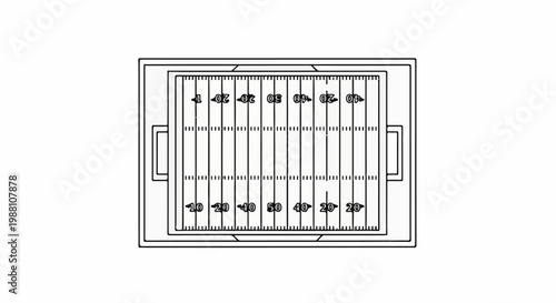 A schematic top-down view of an American football field with yard lines