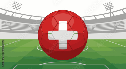 A vibrant soccer stadium awaits a decisive match, featuring a prominent Swiss flag ball