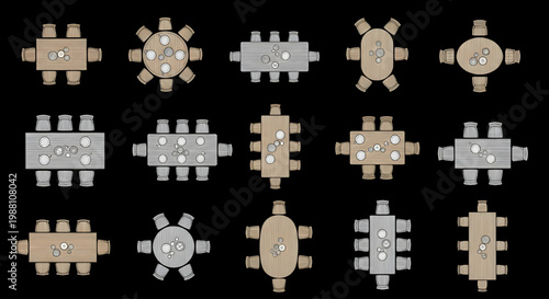 Dining Furniture Tables Top View Blueprint Vector Collection – AutoCAD Multi View Architecture Layout Light Brown Ash Color on Black Background