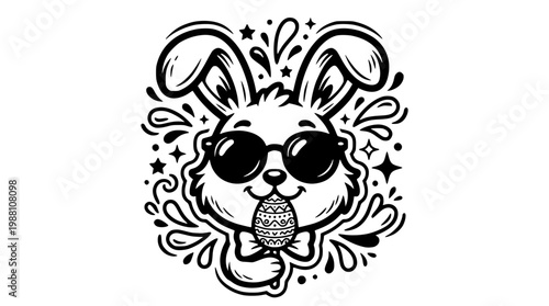 Cool bunny wearing sunglasses holds an easter egg tight