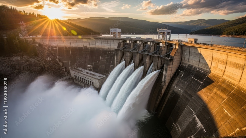 Naklejka premium Massive hydroelectric power dam discharging water into a river at sunset
