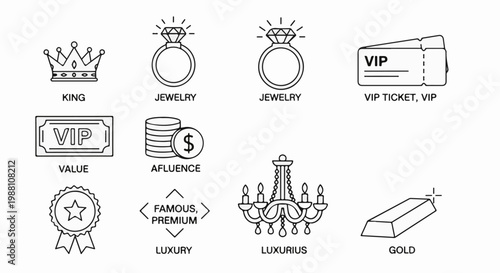 Collection of icons depicting royalty, wealth, and luxury items