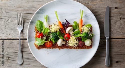 Artistic vegetable arrangement on a marble plate with rustic cutlery, featuring microgreens, radishes, carrots, and mushrooms, presented on a weathered wooden table surface.