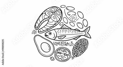 Circle of Omega-3 rich foods fish, nuts, avocado, seeds, and oil